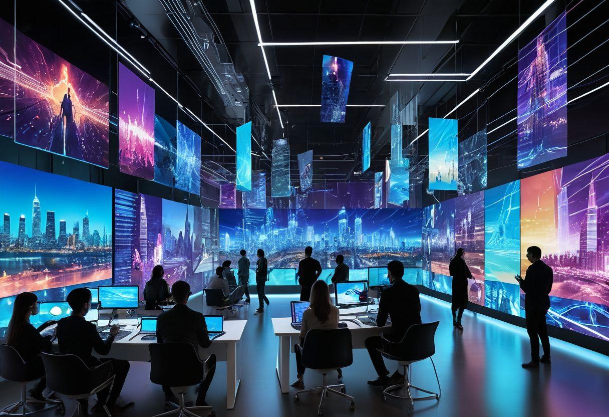 A futuristic digital landscape showcasing diverse individuals sharing media on various platforms, with glowing screens and interaction symbols. Emphasize collaboration and creativity through vibrant colors and innovative technology elements, like holograms and AI interfaces. Include a backdrop of an abstract city merging digital and physical elements. super-realistic. vibrant colors.