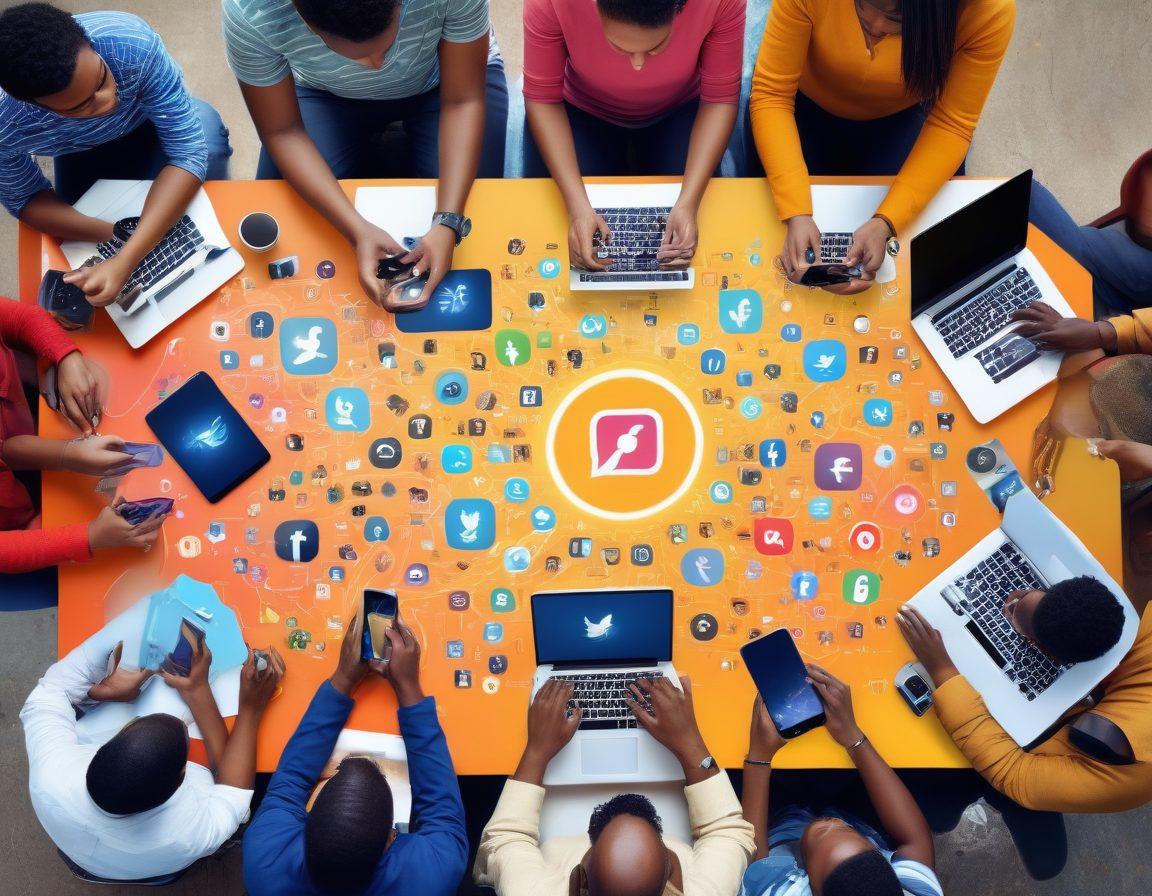 A vibrant digital collage depicting diverse individuals collaboratively creating and sharing content on various devices like laptops and smartphones. Visualize a community circle made up of people from different backgrounds, each contributing creative ideas symbolized by floating lightbulbs and digital tools. Include elements of social media interfaces, and vibrant colors radiating outward to symbolize impact. Intimate details of engagement and interaction among community members, highlighting the power of digital transformation. super-realistic. vibrant colors. dynamic composition.