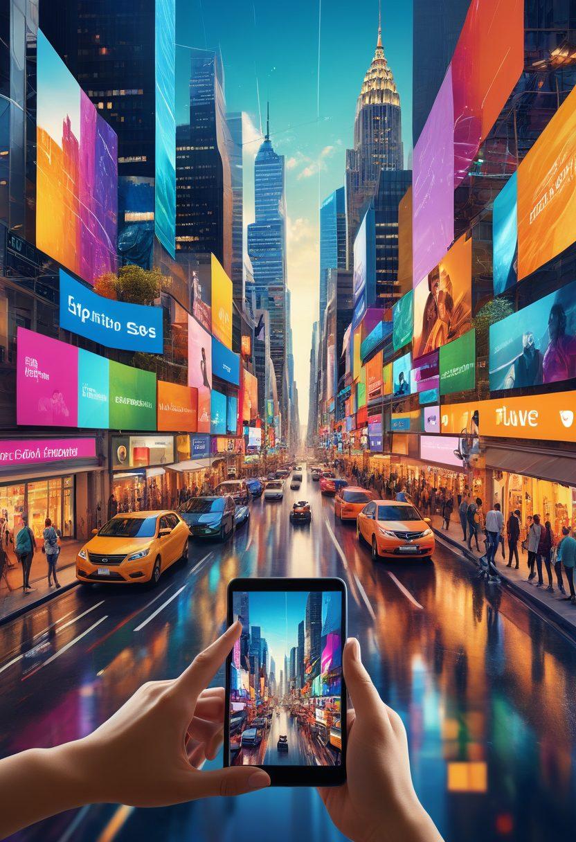 A dynamic collage showcasing a diverse group of people engaging with user-generated content on various devices like smartphones and tablets. Vibrant visuals of multimedia elements like videos, photos, and social media interactions surround them, symbolizing connectivity and creativity. Incorporate an inspiring backdrop of a digital city to represent the future of content sharing platforms. super-realistic. vibrant colors. 3D.